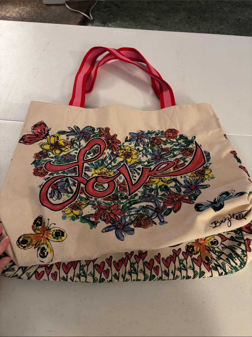 Brighton Canvas Floral Heart Tote Bag with Pink Straps - Picture 3 of 4